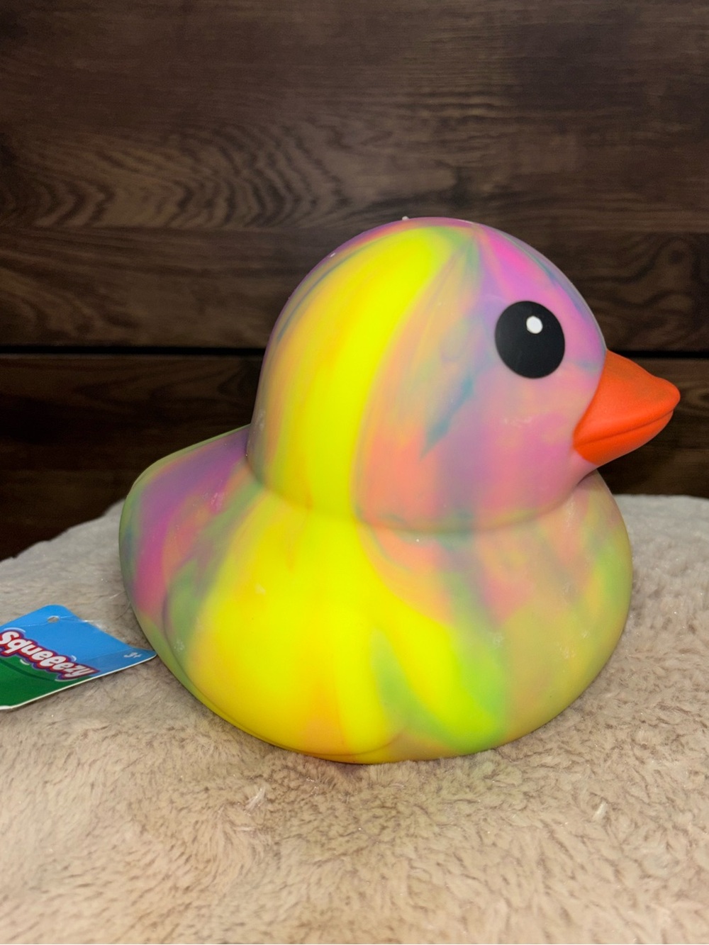 Rainbow Squishy Duck Toy - Neon Yellow with Multicolor Accents - Picture 3 of 4
